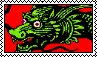 A stamp featuring a green dragon on a red background